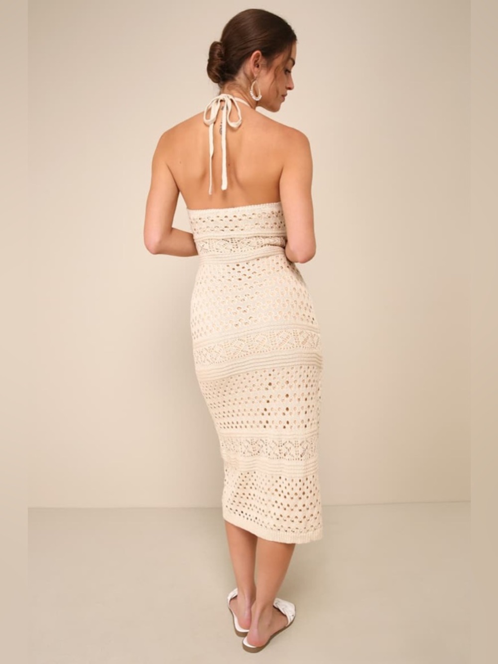Lulus Blissful Strolls Beige Crochet Faux-Wrap Halter Midi Dress - Picture 4 of 8
